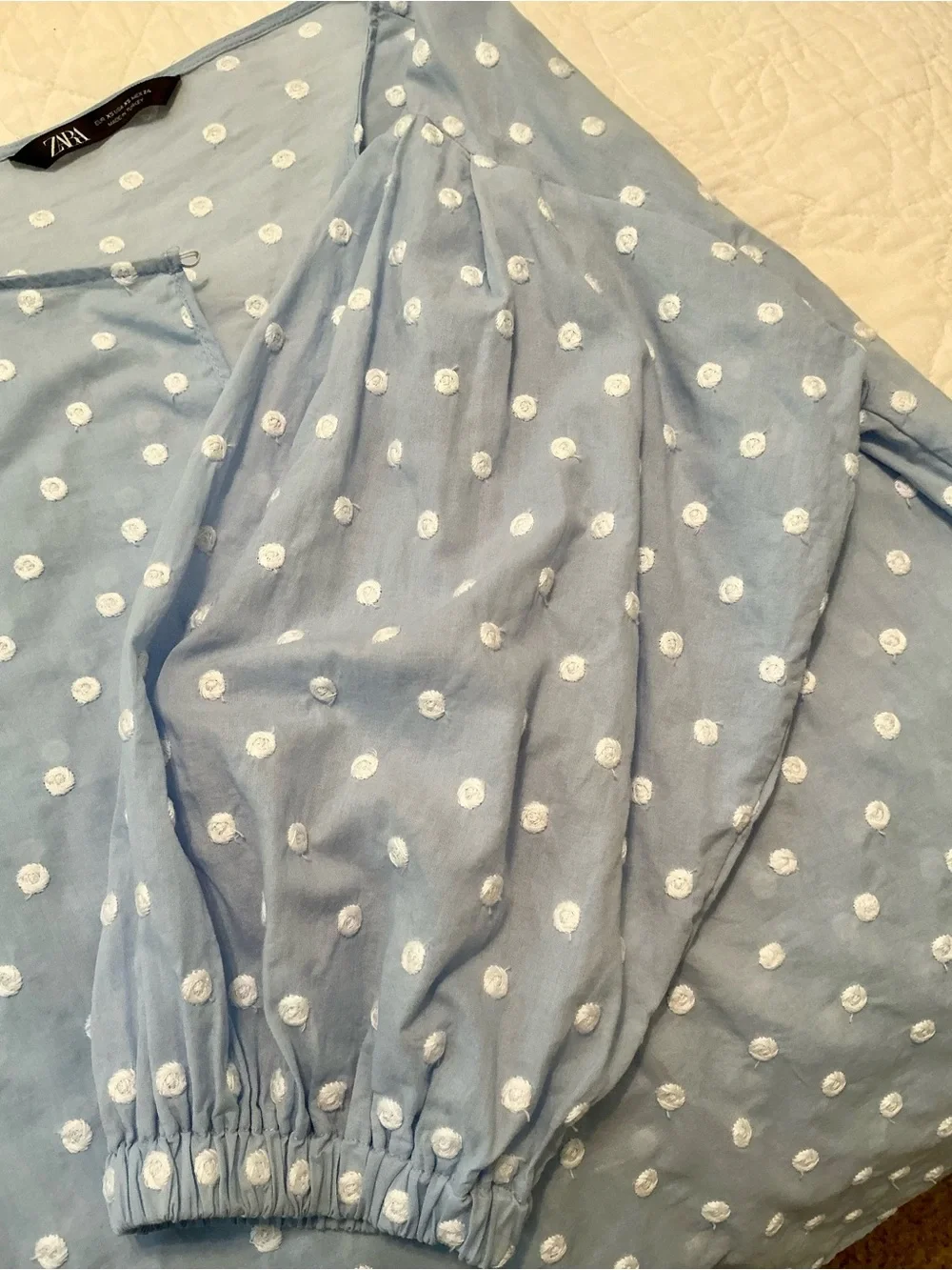 Zara Light Blue Embroidered Polka Dot Puff-Sleeve Top
